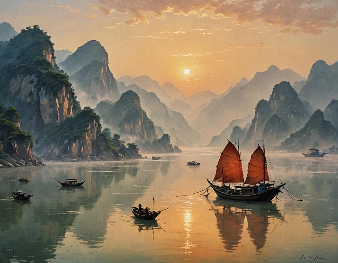 Yangtze River Sunrise: Chinese Impressionist Fishing Boat