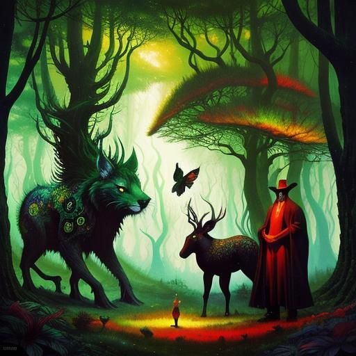 Enchanted Forest: Surreal Animals in a Dreamlike Painting
