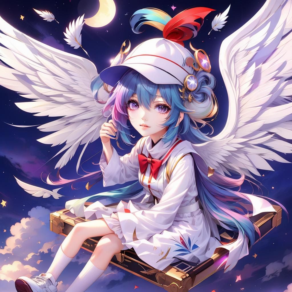 Anime Woman in Nightcap Flying Graphic Art