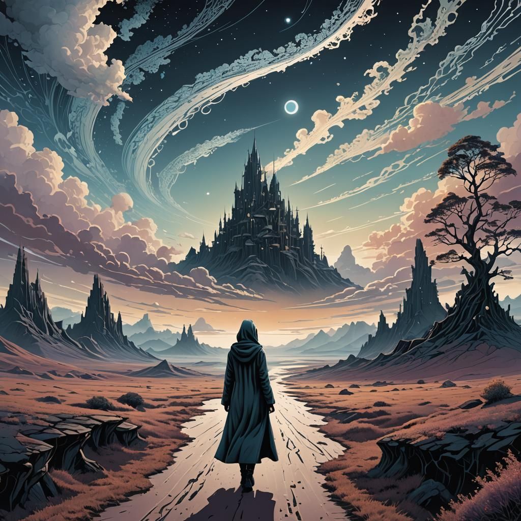 Girl in Surreal Dreamscape with Fractal Patterns