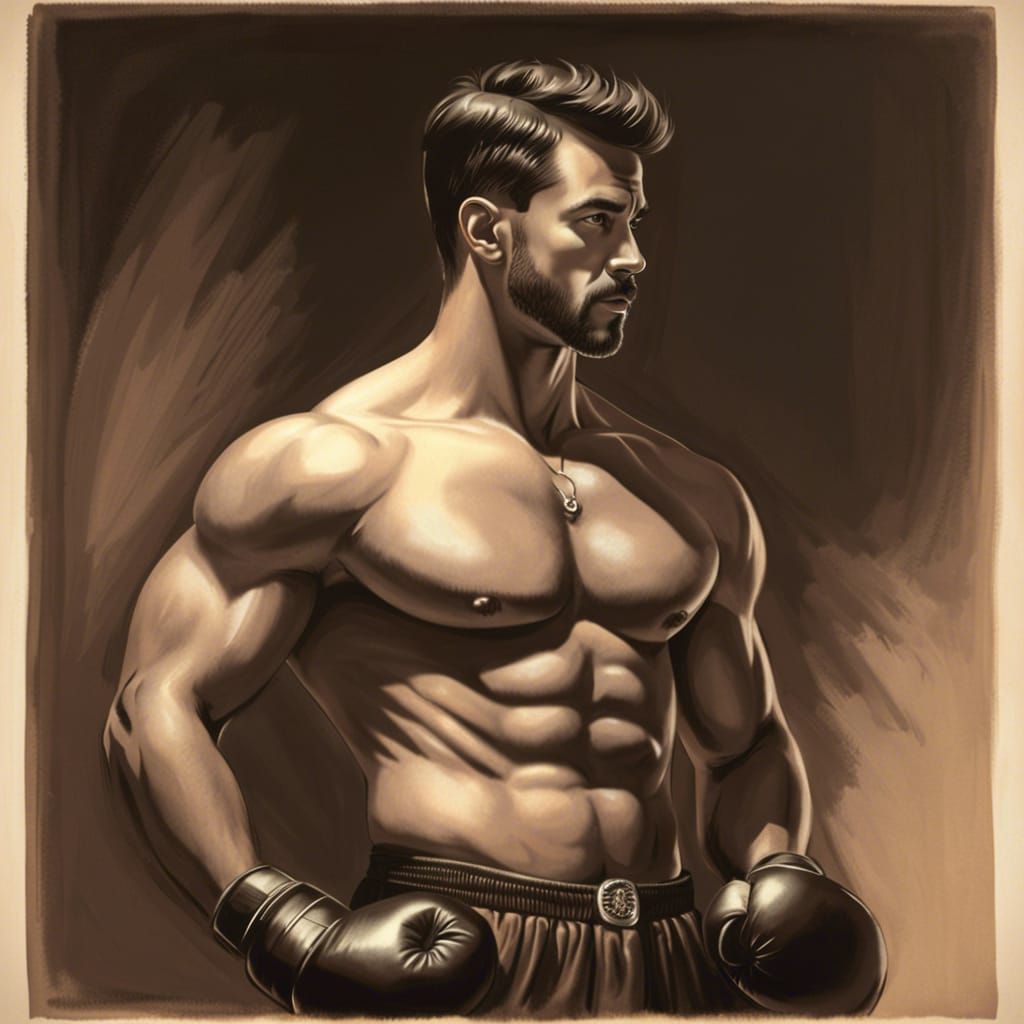 Vintage Drawing of Handsome Shirtless Boxer
