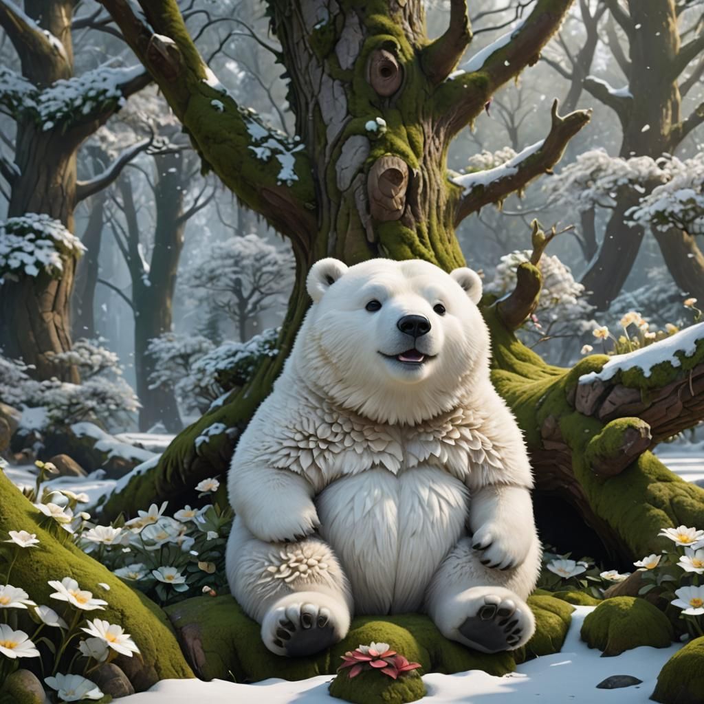 Fluffy Chibi Polar Bear Under Snowy Tree
