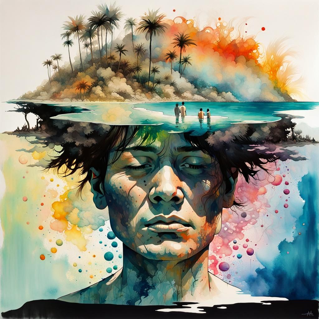 Tropical Island Oasis Under Stormy Skies