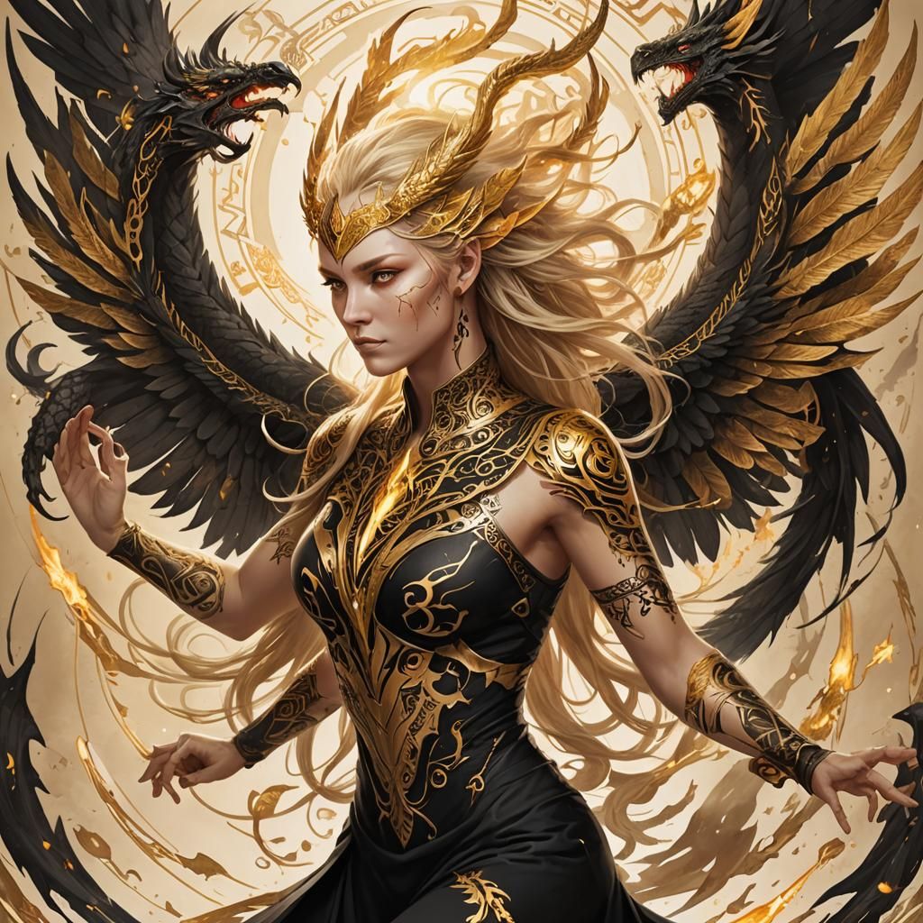 Human Phoenix Hybrid with Golden Runes and Dragon