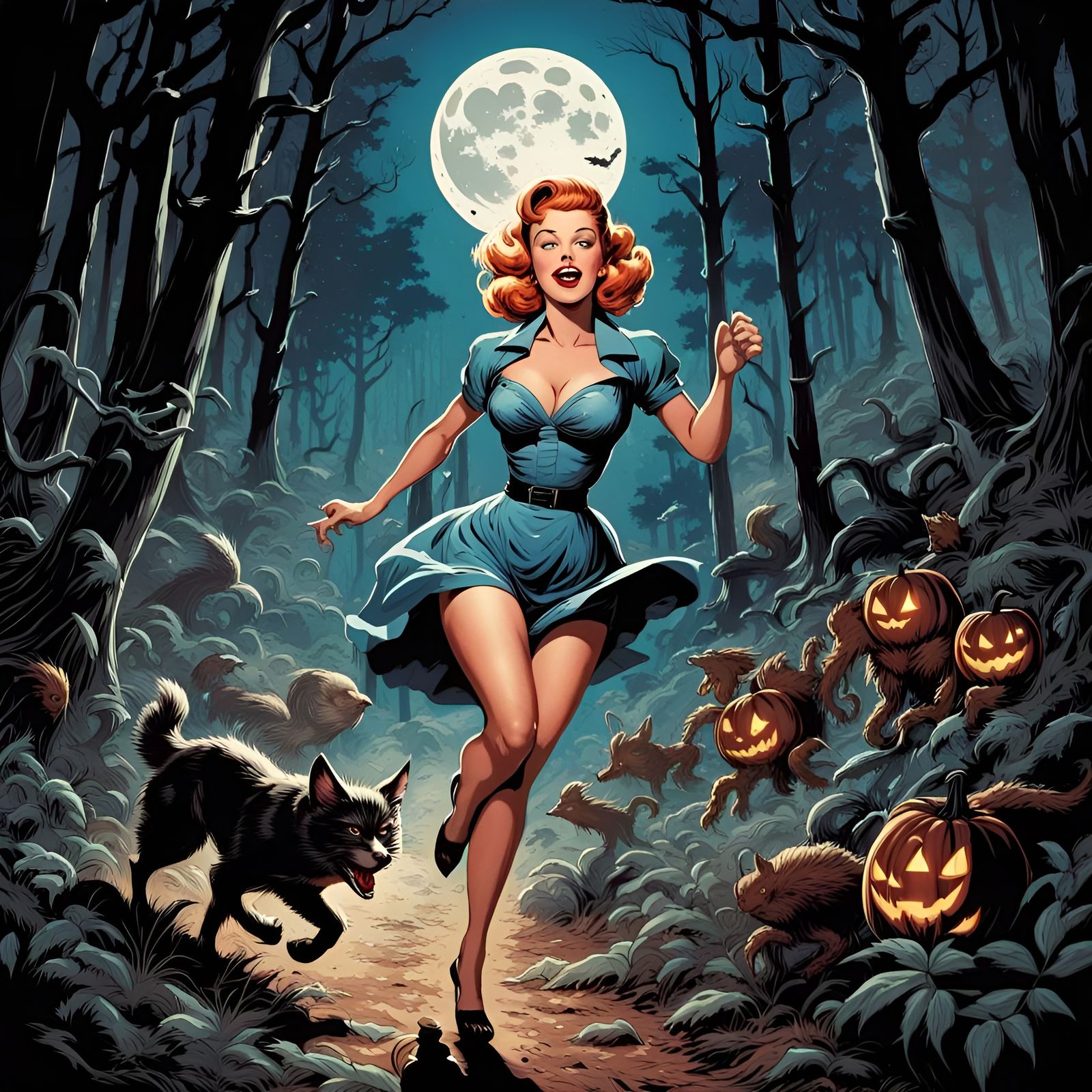 Retro Halloween Costume Chase in Comic Book Art