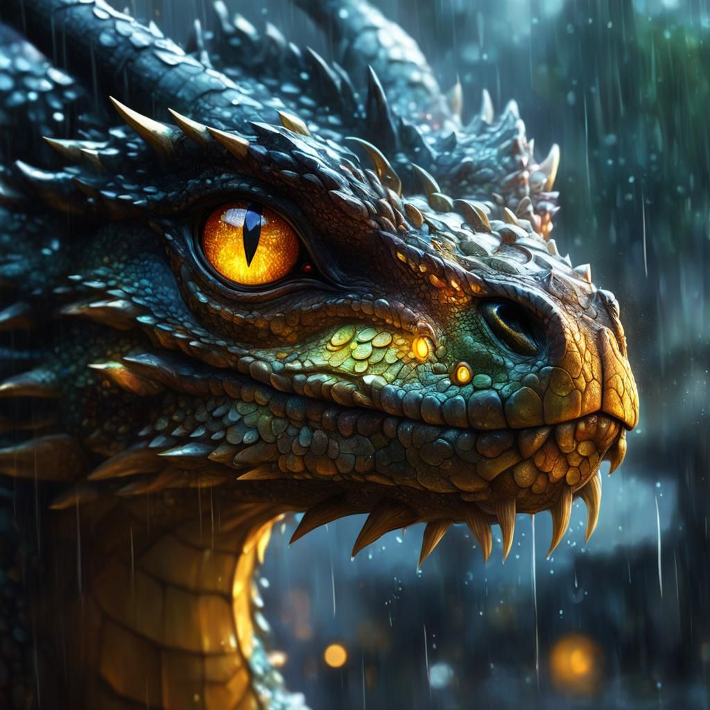 Luminescent Dragon Portrait in Rain, Anime Style