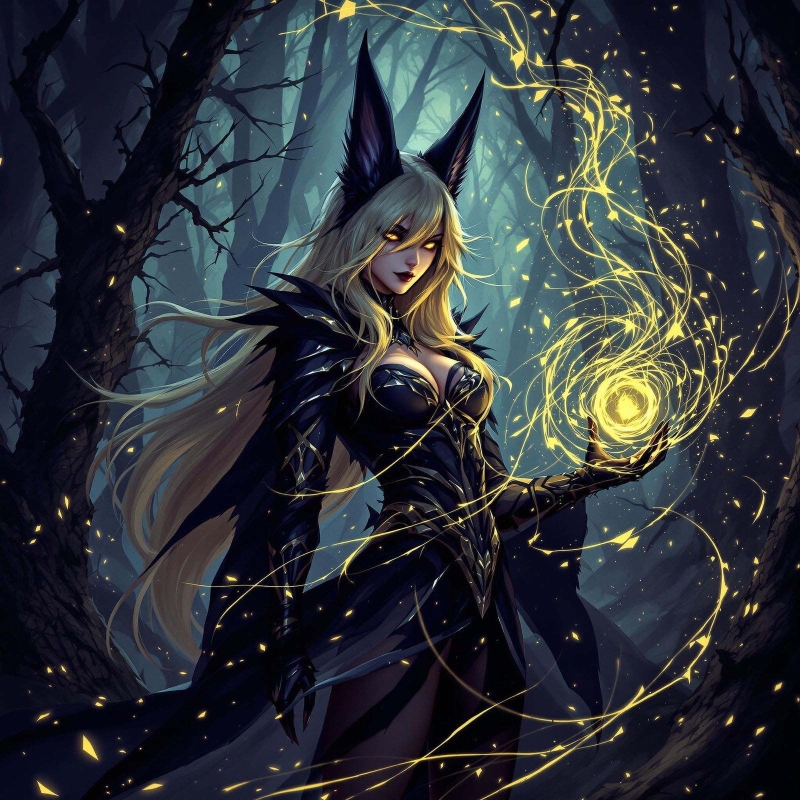 Dark Witch Ahri Poses in Sinister Forest