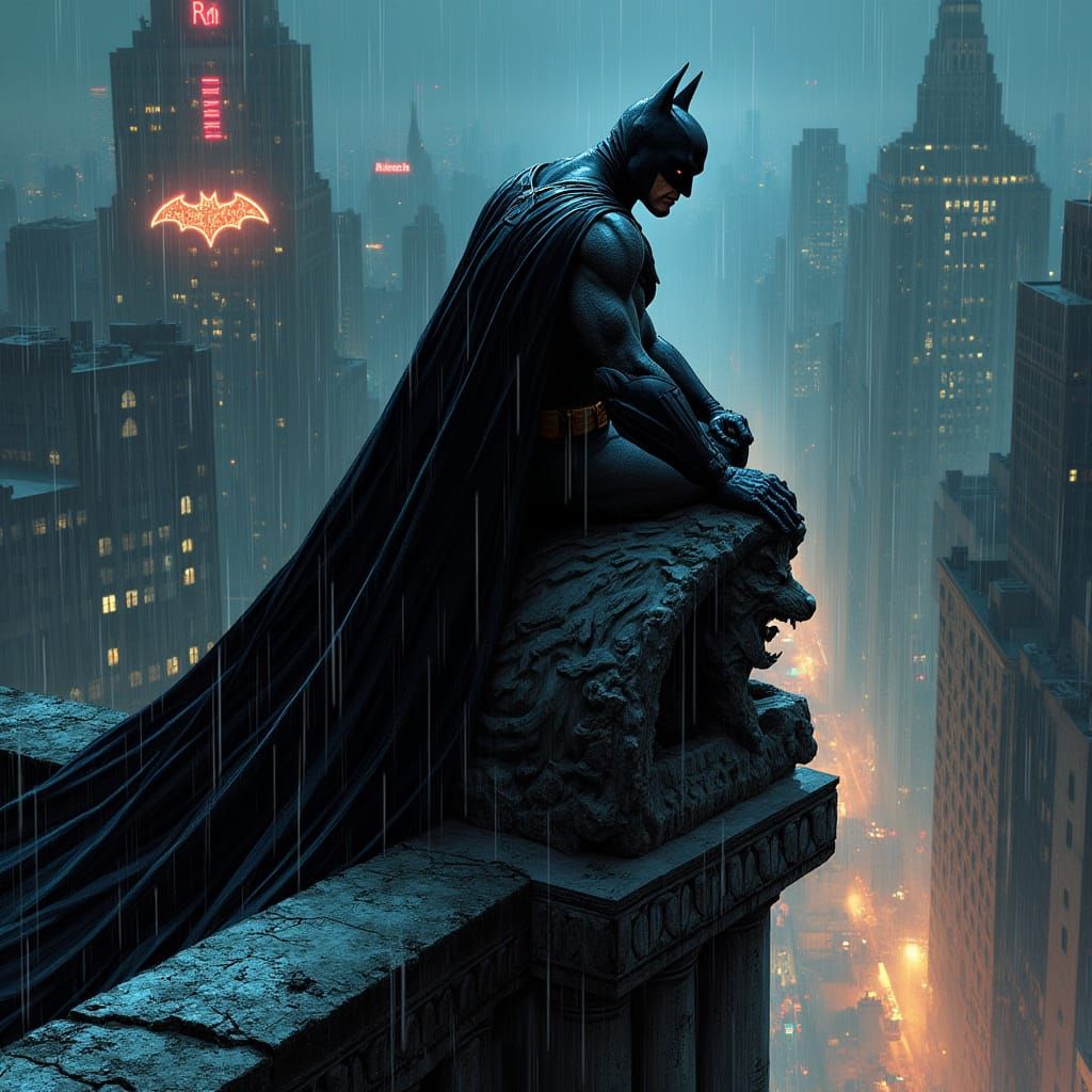 Batman on Gotham Gargoyle in Graphic Novel Style