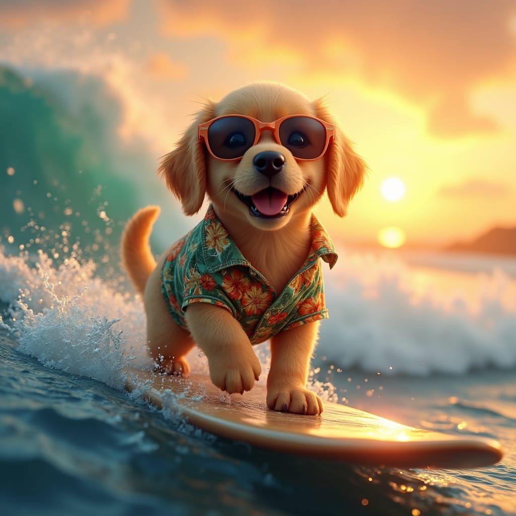 Golden Retriever Puppy Surfing at Sunset: Hyper-Realistic Di...