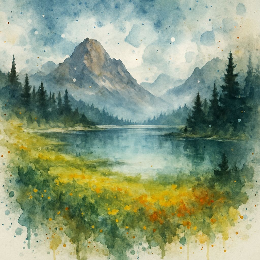 Abstract Mountain Lake Landscape with Paint Splatters