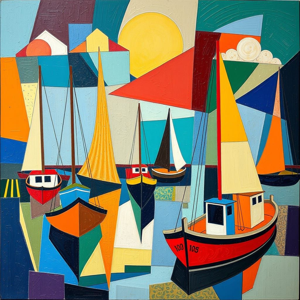 Geometric Harbor Scene in Vibrant Cubist Style