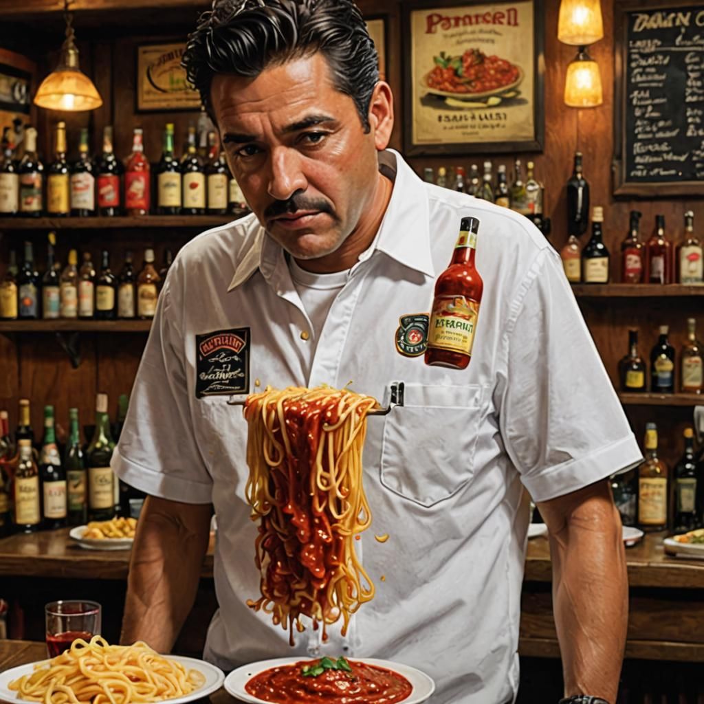 Bruno the Bartender's Pasta Mishap: Realistic Portrait