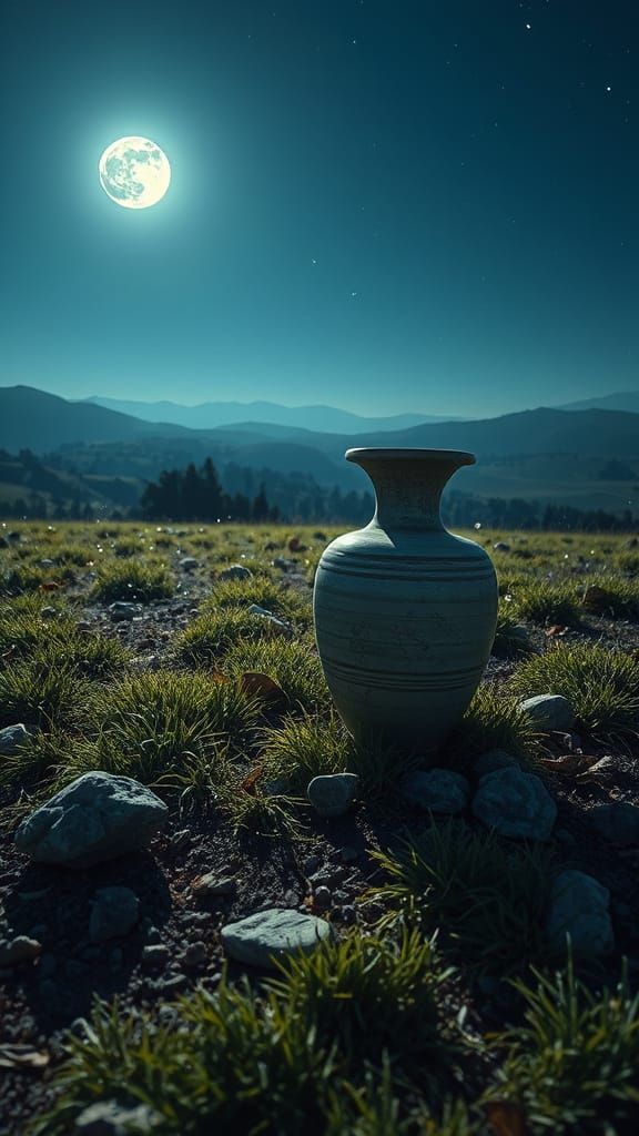 Antique Pompeii Vase Under Moonlight: Hyperrealistic Night S...