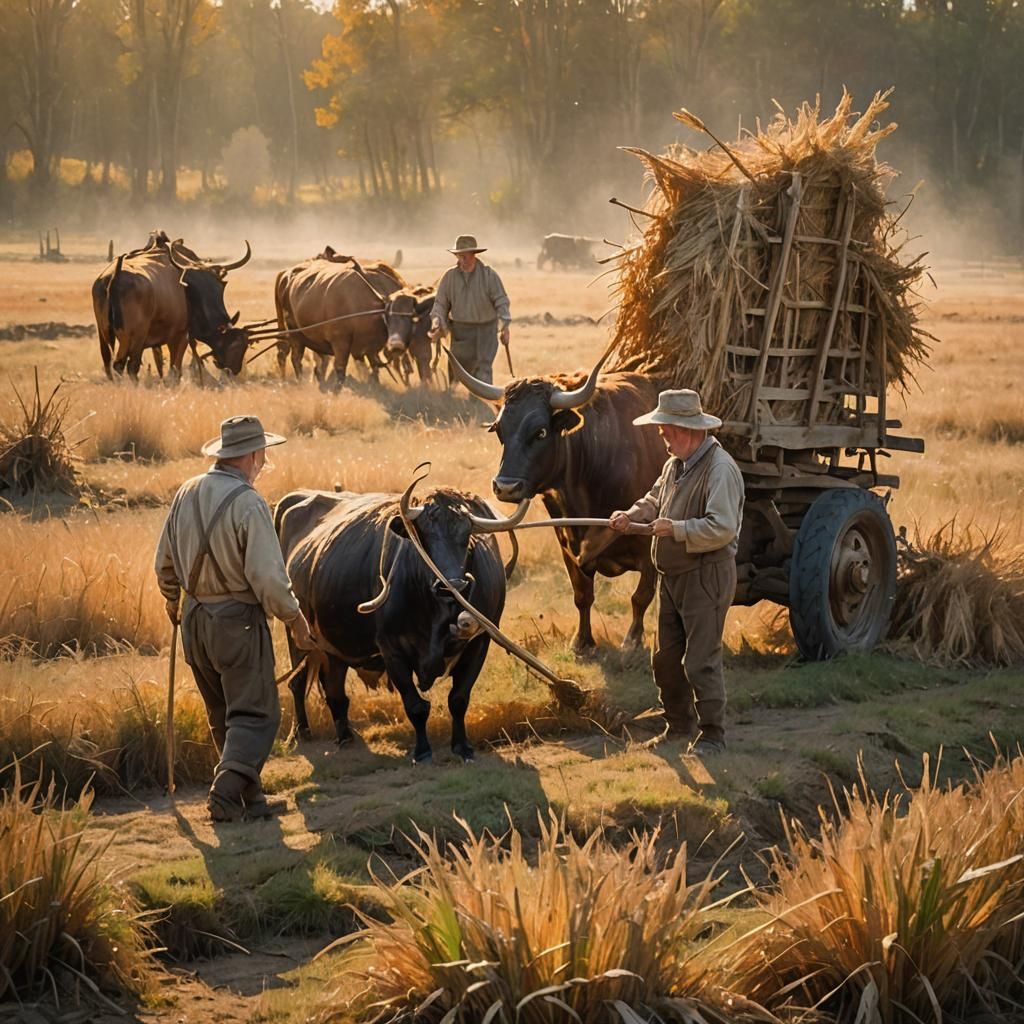 Impressionist Wood Sculpture: Oxen Pulling Hay Wagon