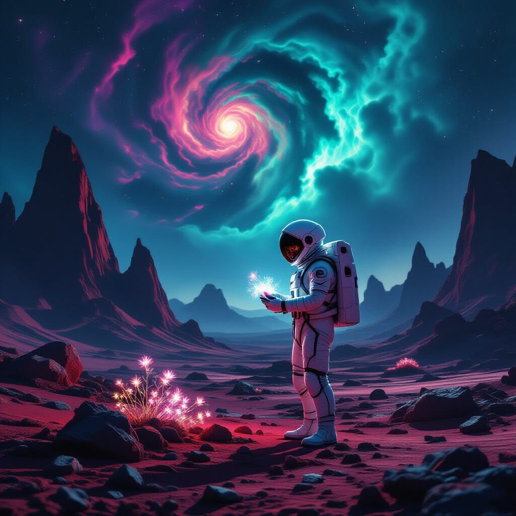 Astronaut Collecting Alien Flora on Crimson Planet