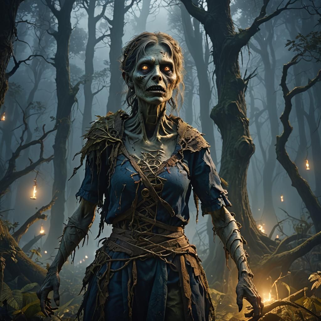 Eerie Forest Zombie Woman in Dark Fantasy Art