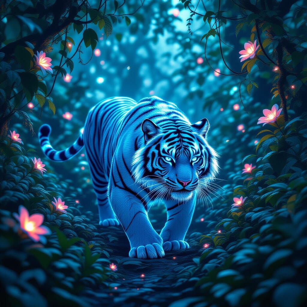 Azure Tiger Prowls Bioluminescent Jungle in 3D