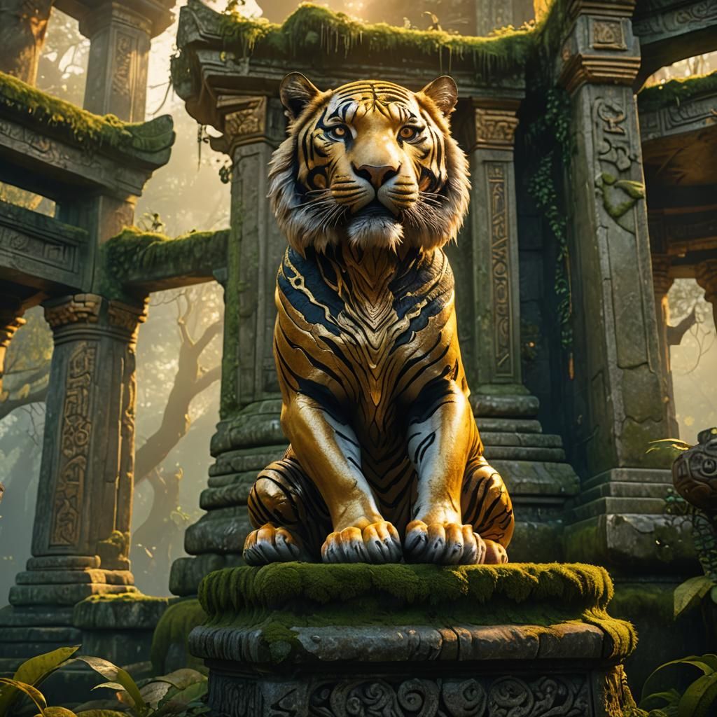 Golden Tiger on Ancient Temple Pedestal