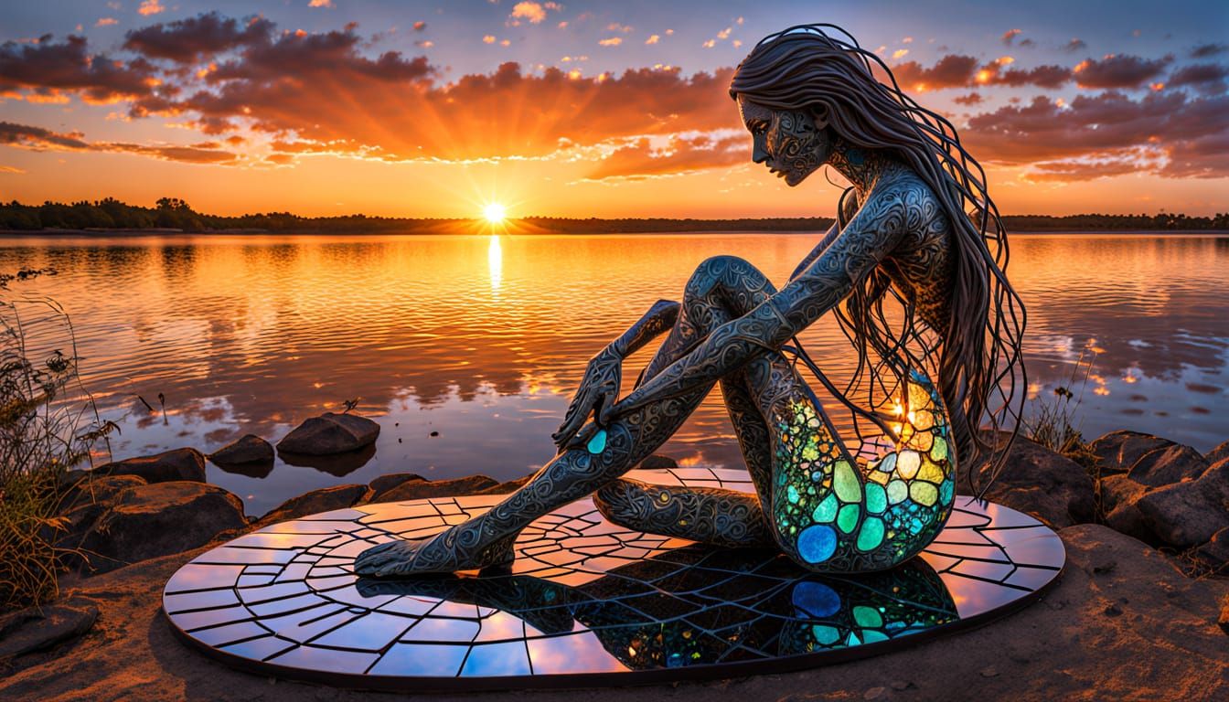 Surreal Fragmented Sculpture of Woman at Sunset