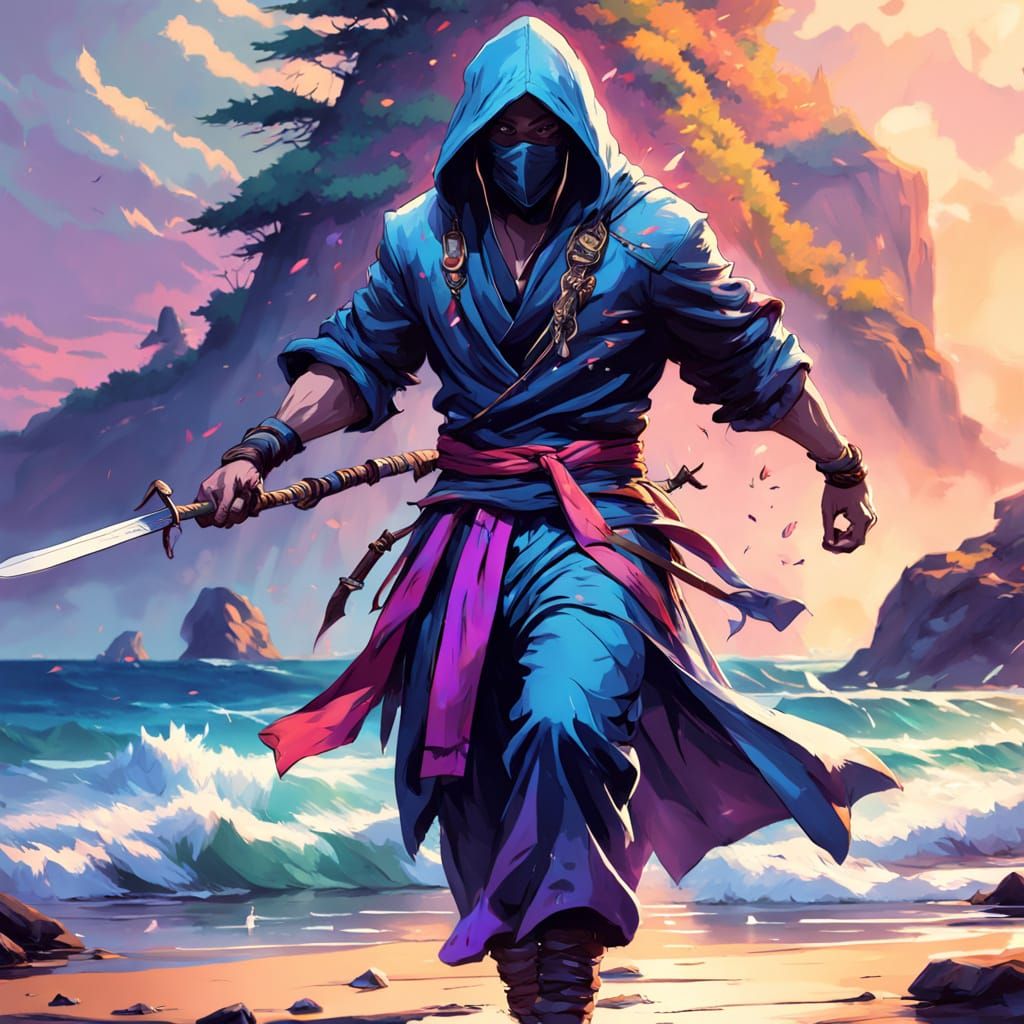 muscular Japanese hooded Assassin with a blade weapon in his hand