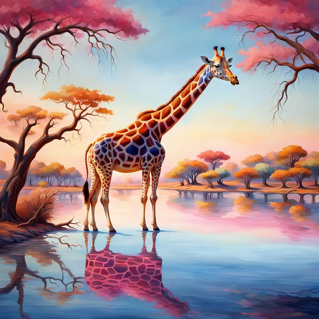 Surreal Giraffe on Lake Chad's Shores in Vibrant Oil Paintin...
