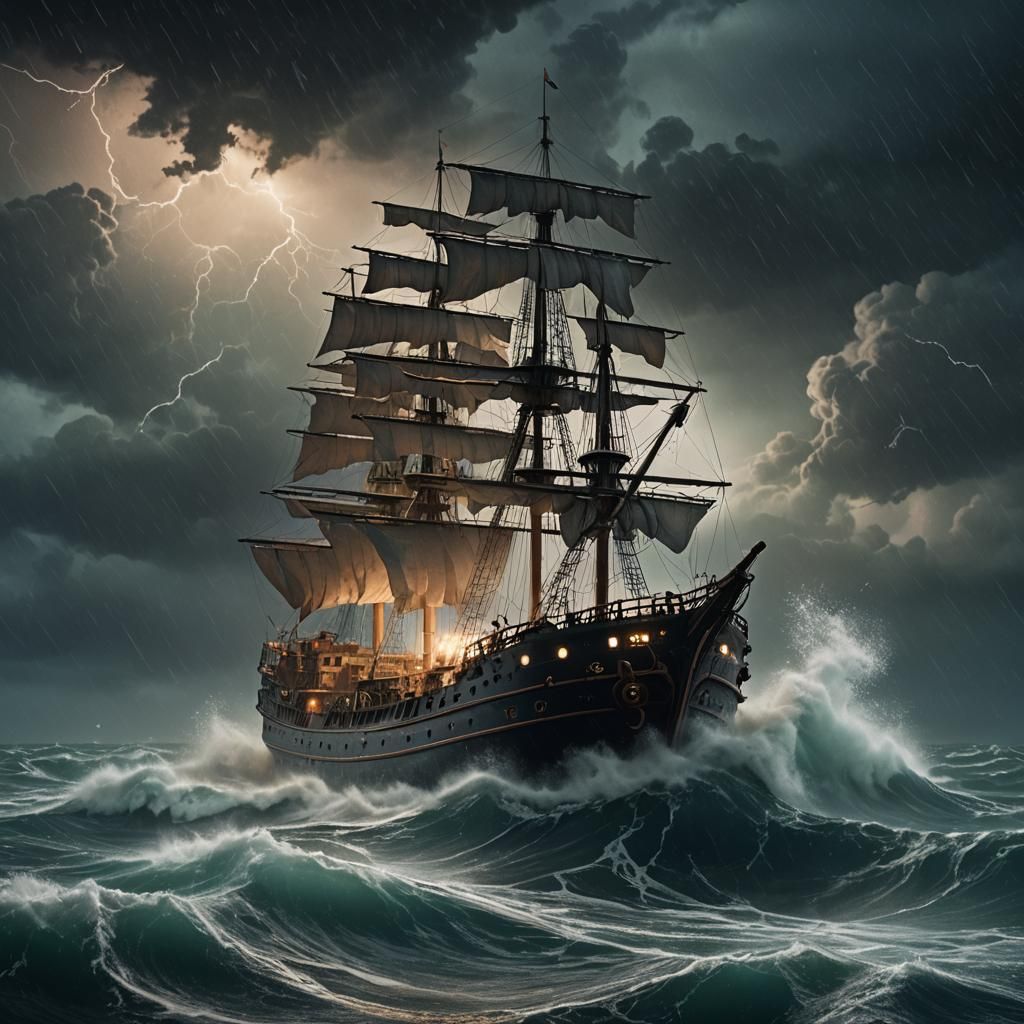 A ghostly cargo ship a drift at sea in the middle of a storm at night