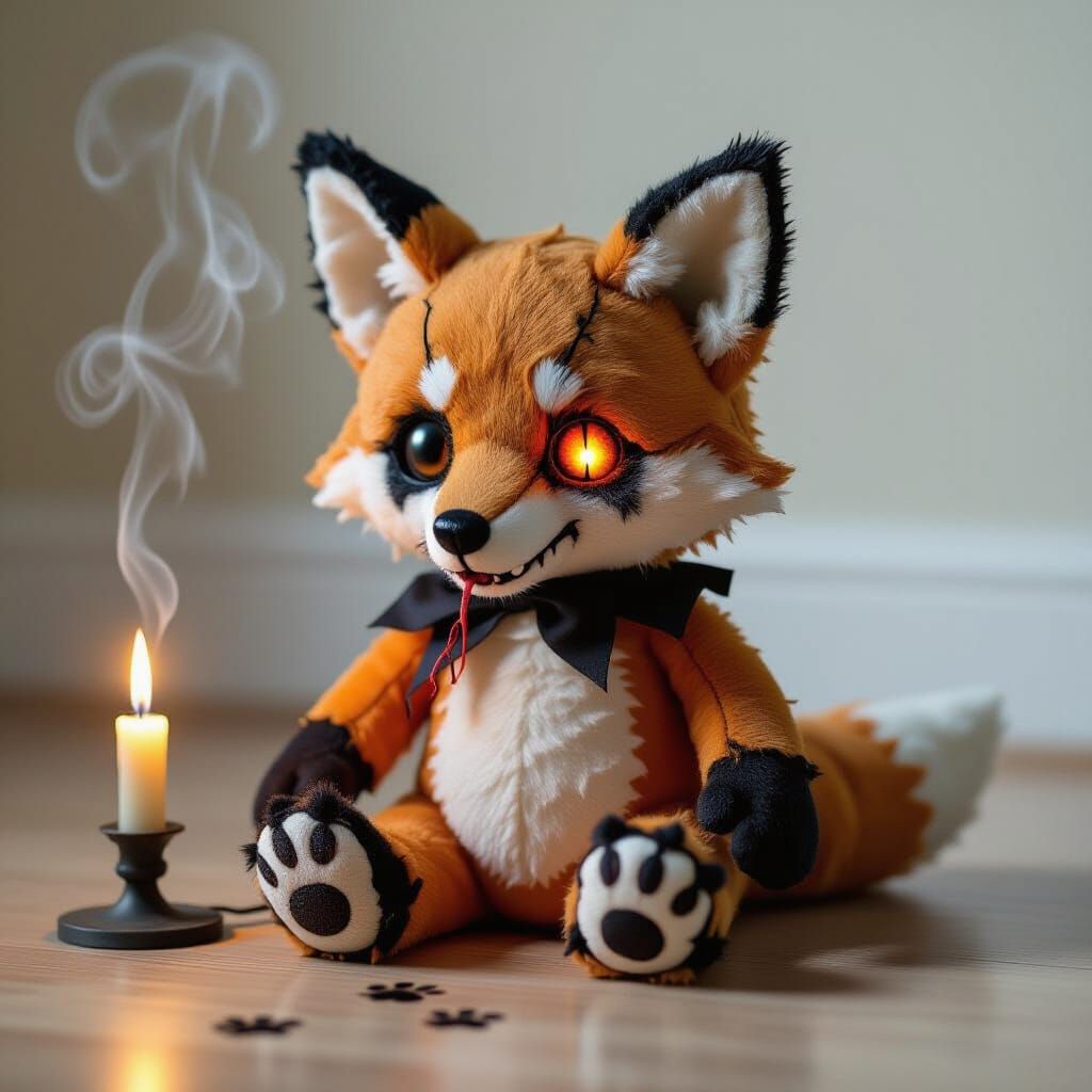 Gothic Stuffed Fox with Scorched Fur and Smoke Eyes