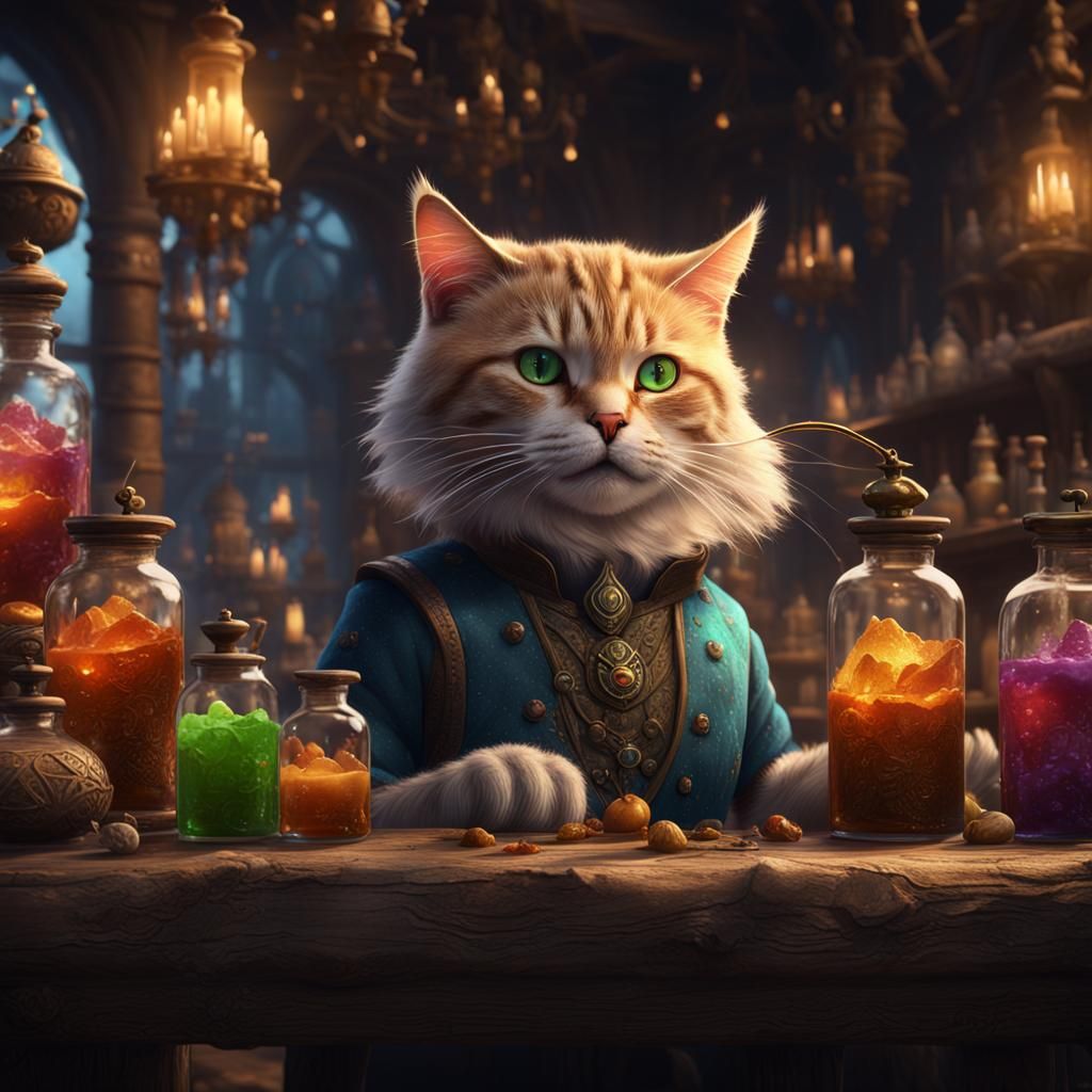 Fantasy Merchant Cat Selling Potions