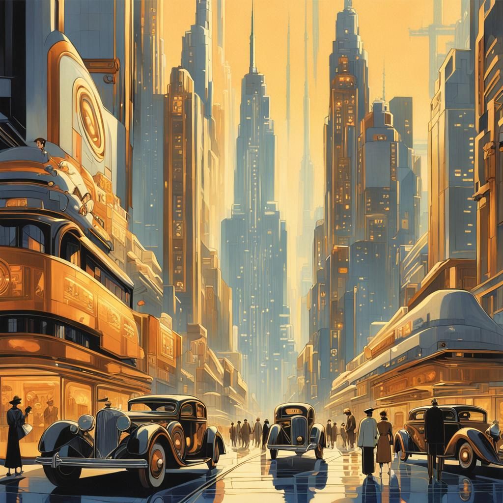 Retrofuturistic Art Deco Cityscape of 1930s Metropolis