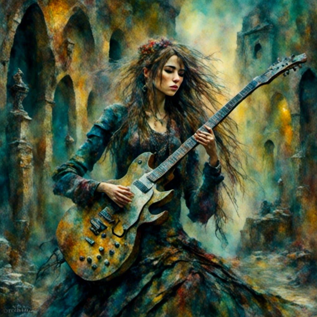 Goth Girl Shreds Guitar in Tsunami, Oil Painting