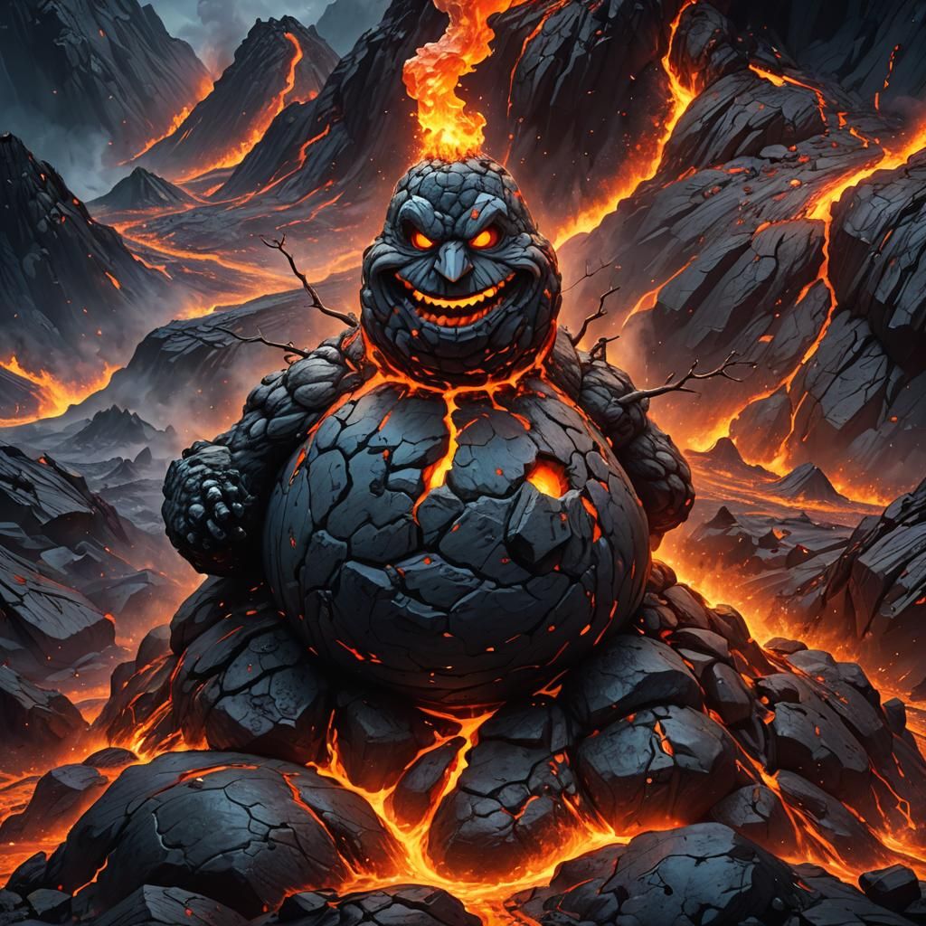 Lava Rock Snowman Flows Across Volcano in Dark Fantasy Art