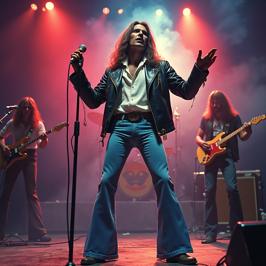 Epic 1970s Hard Rock Concert Scene in Psychedelic Style