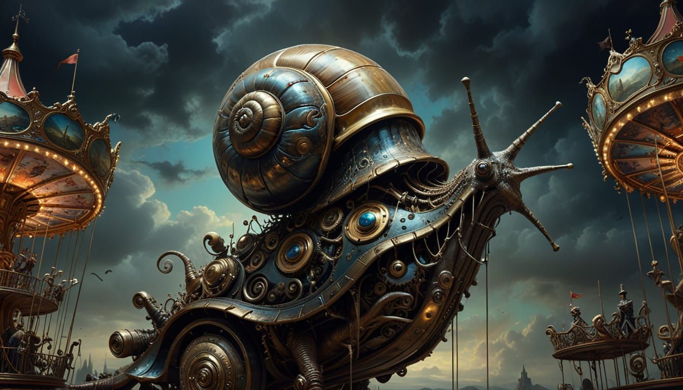 Surreal Clockwork Snail on Carousel Horse