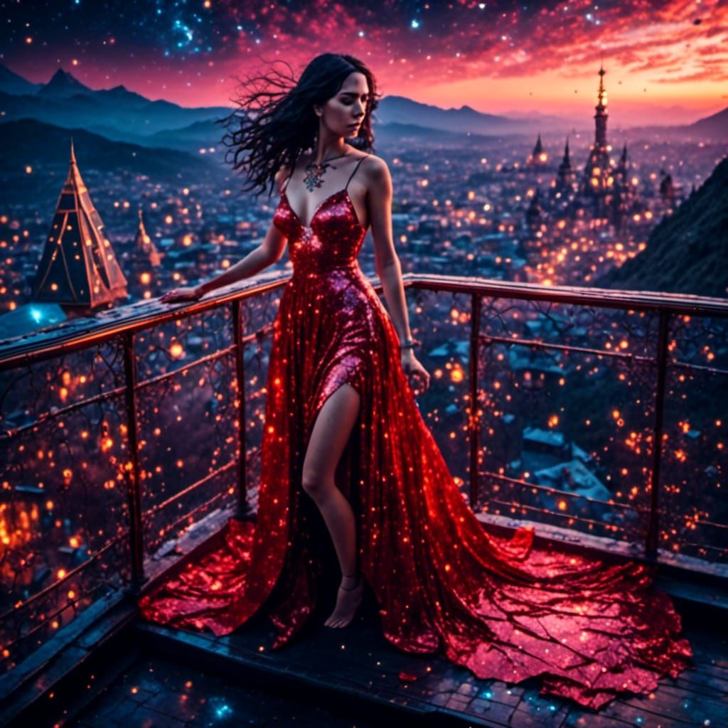 Goddess in Sparkling Red Metal Dress