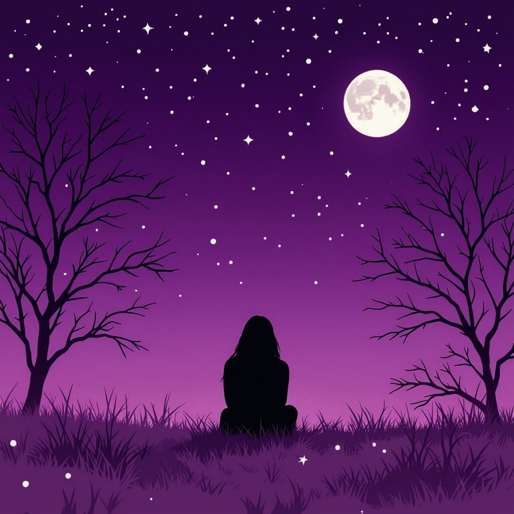 Woman Silhouetted Under Snowy Night Moon