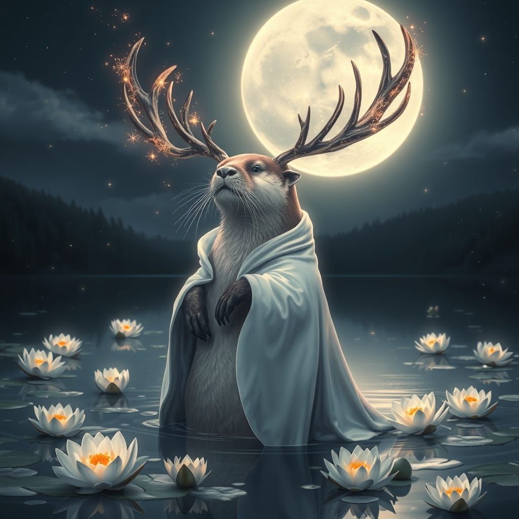 Luminous Otter in Moonlit Lake with Star Antlers
