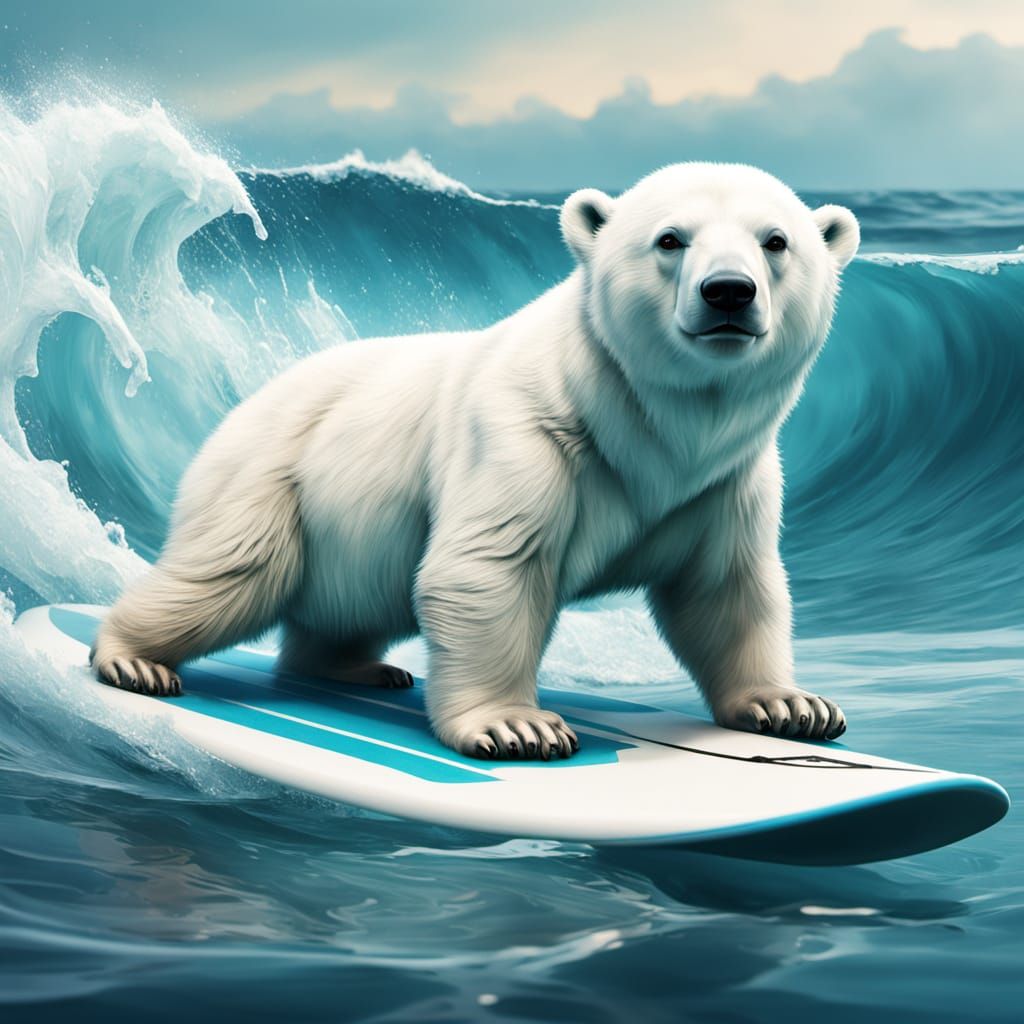 Joyful Polar Bear Cub Surfing High Waves