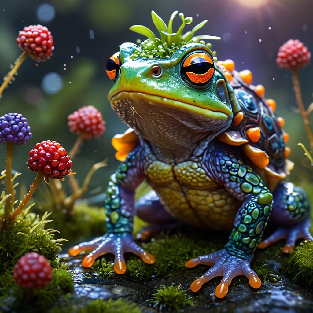 Frog-Tortoise with Berry: Whimsical Fantasy Illustration