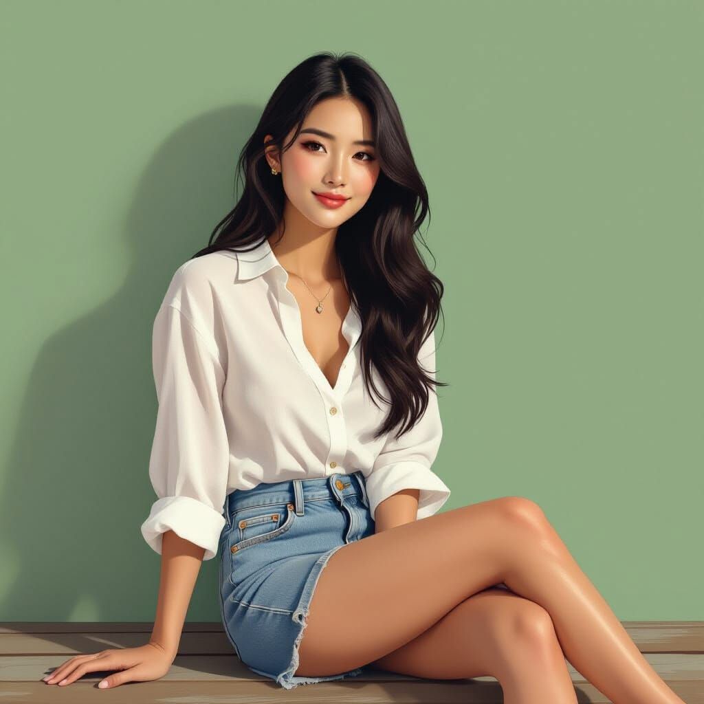 Serene Woman in White Blouse, Illustrative Style