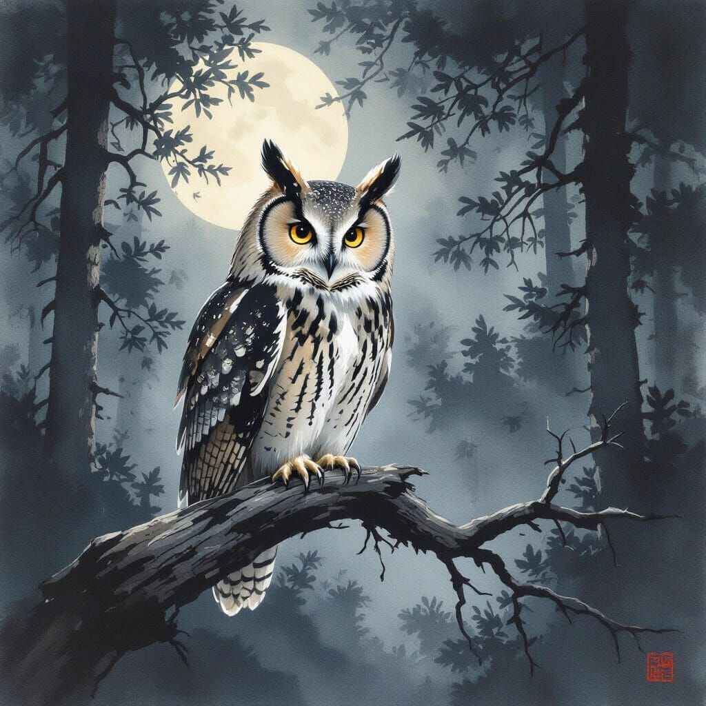 Wise Owl in Moonlit Forest, Japanese Ink Wash