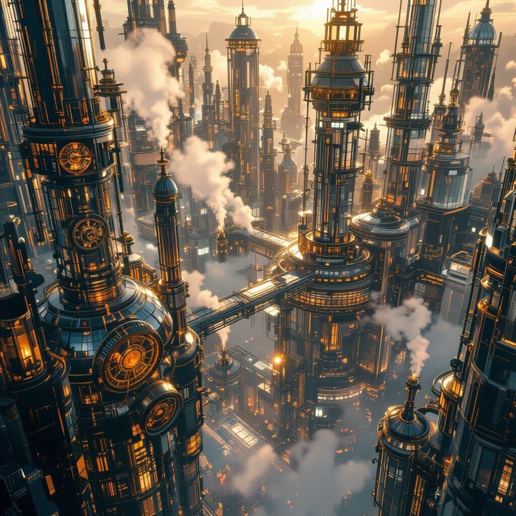 Glass Steampunk City with Steam and Golden Hour Light