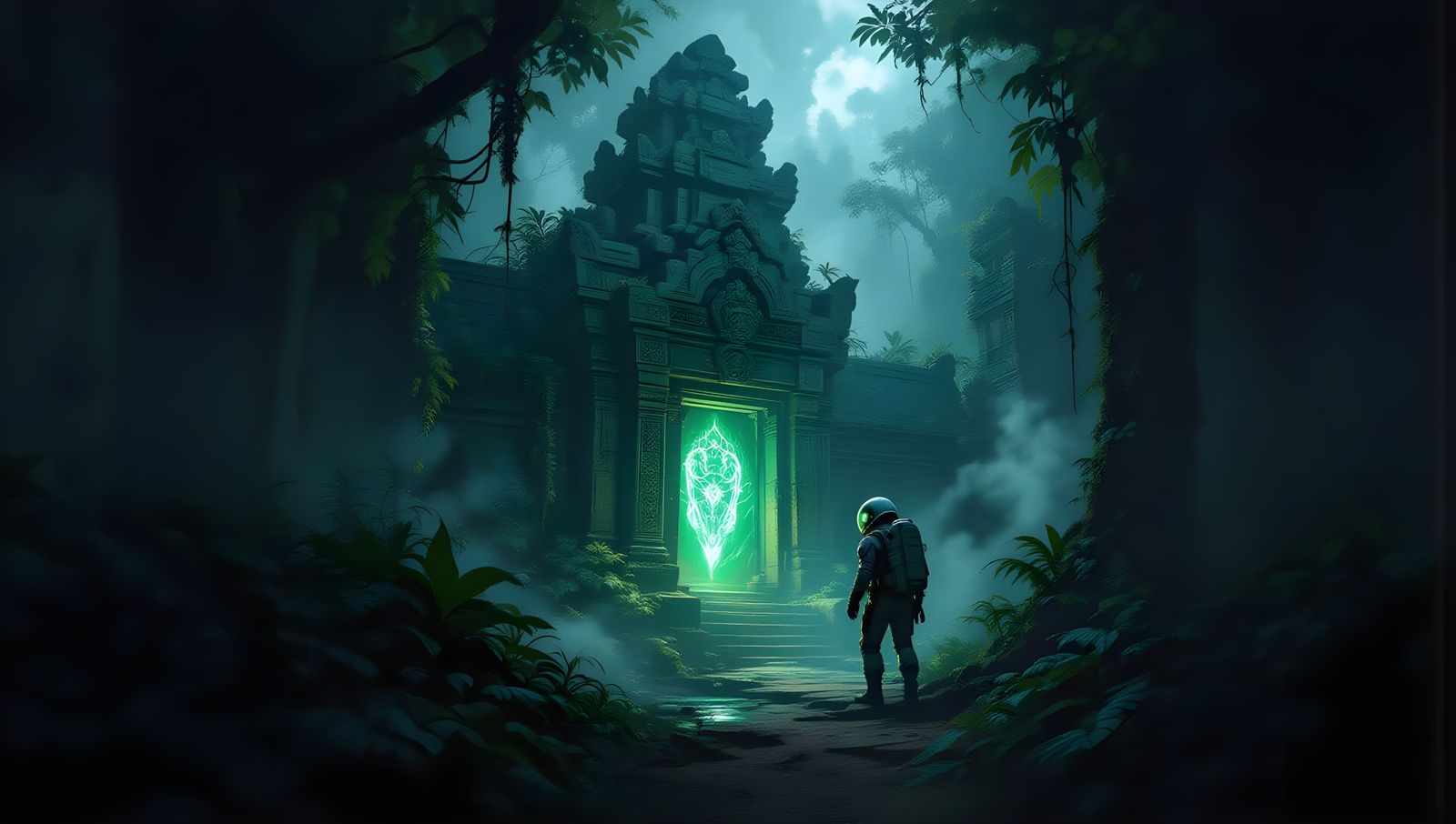 Explorer Approaches Ancient Jungle Temple With Eerie Glowing...