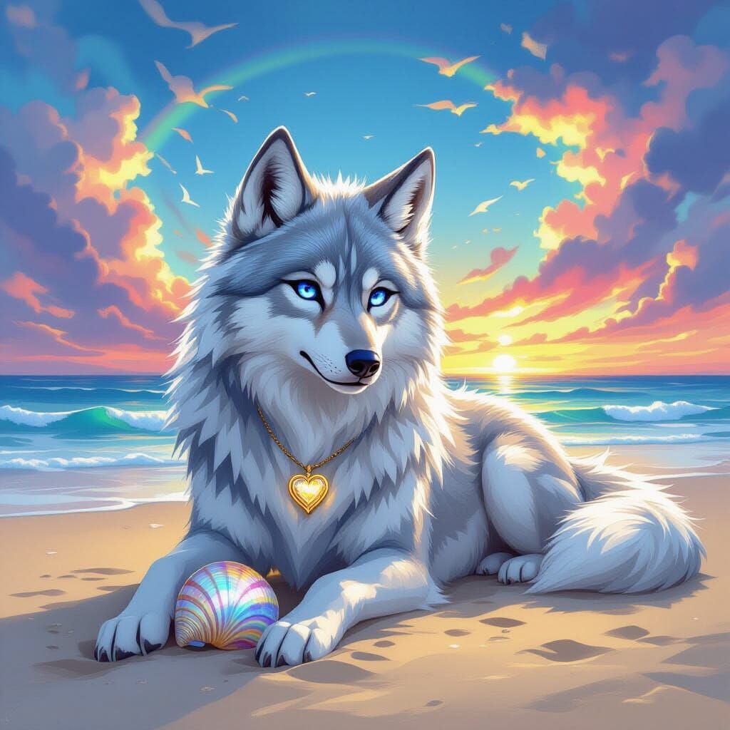 Direwolf on Rainbow Beach in Futuristic Style