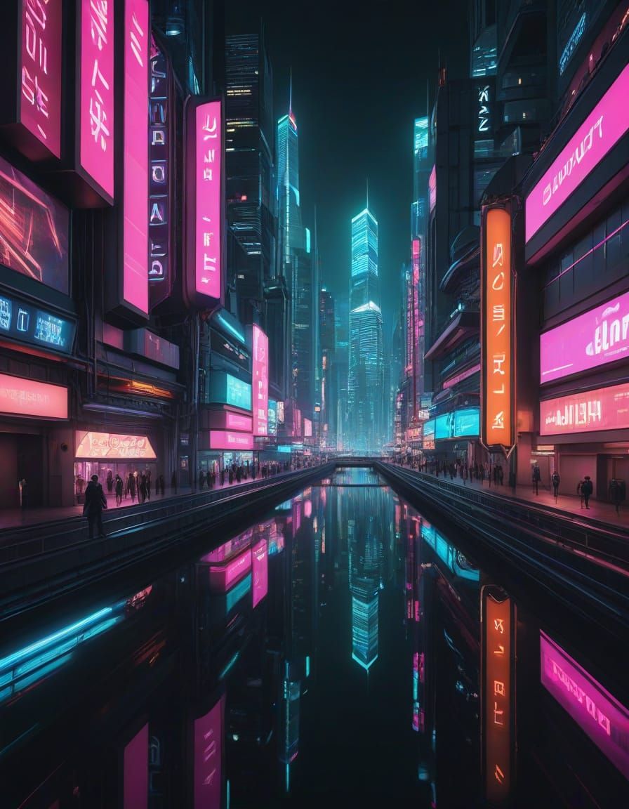 Futuristic Cityscape at Night in Cyberpunk Style