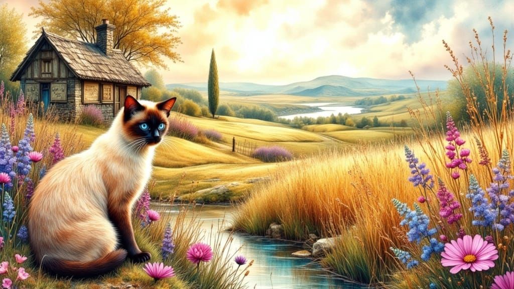 Cute Siamese Cat in Dreamy Flower Field
