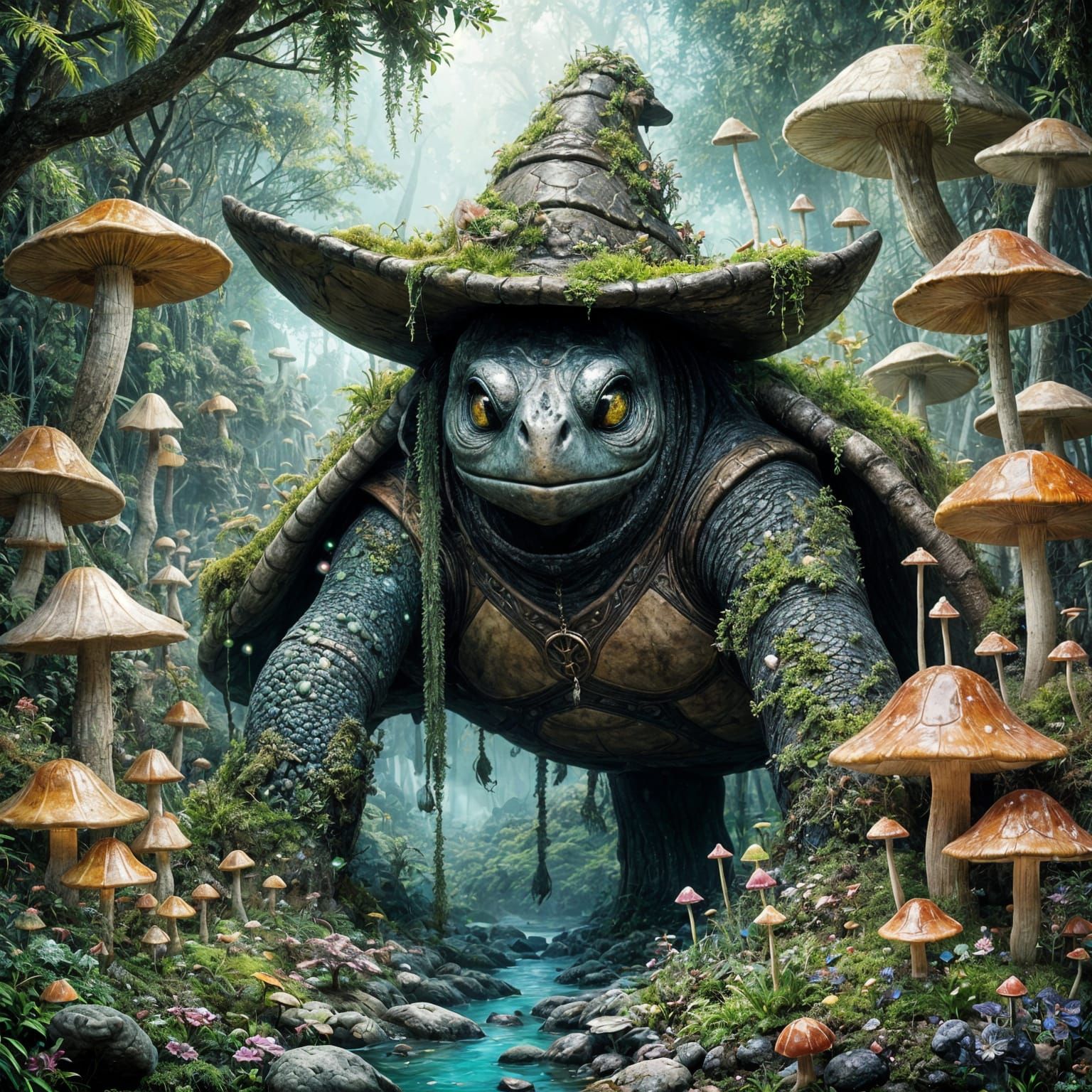 Tropical Fantasy Turtle Wizard in Lush Greenery