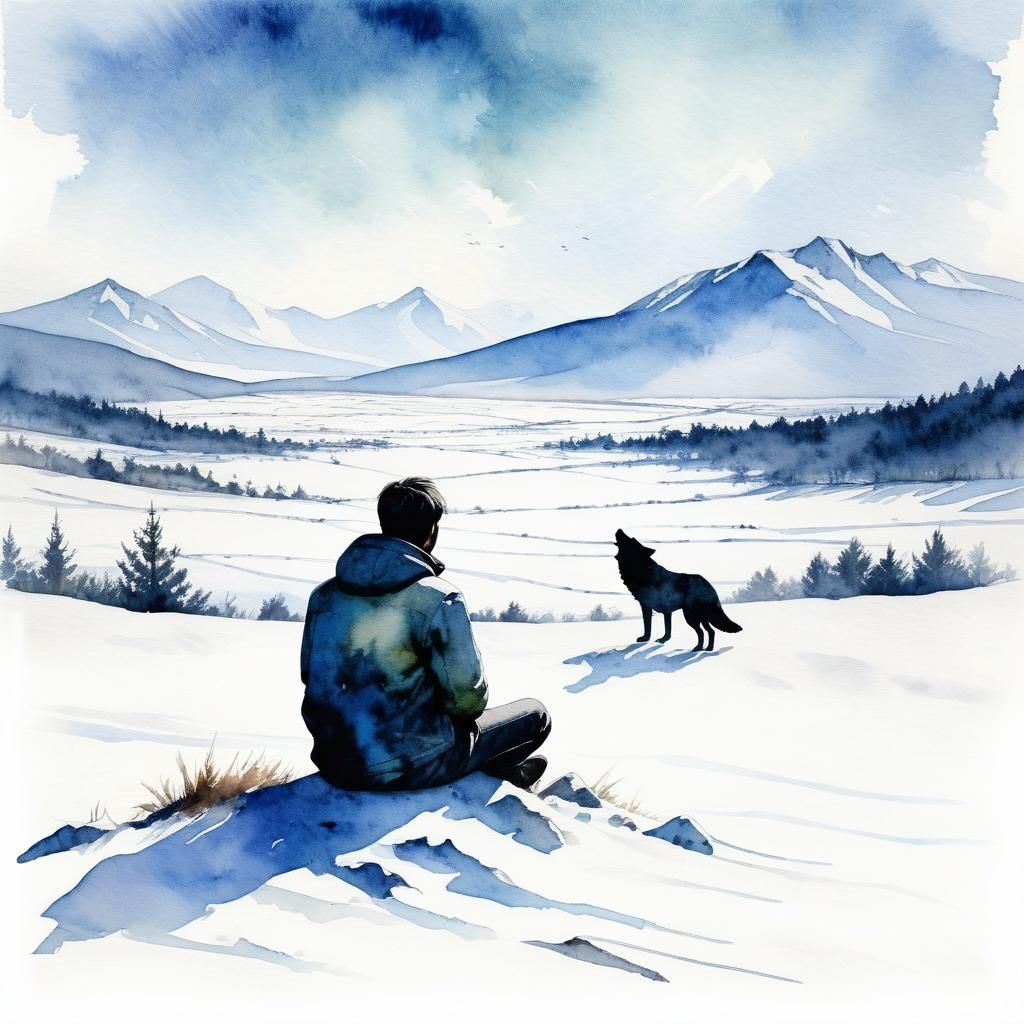 Double Exposure: Man, Wolf, and Watercolor Landscape