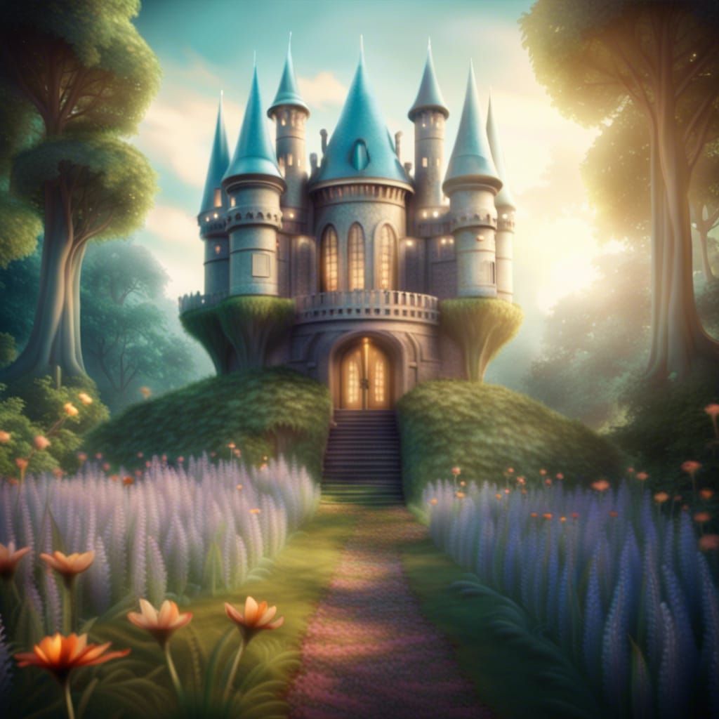 Whimsical Castle in Mystical Forest Garden: Art Deco Fantasy