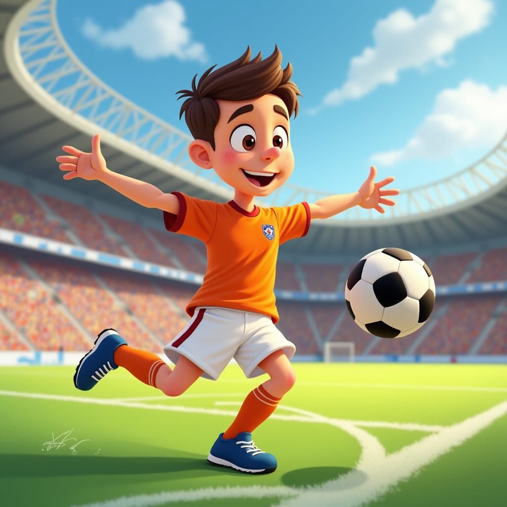 Cartoon Soccer Player Kicking Penalty in Stadium