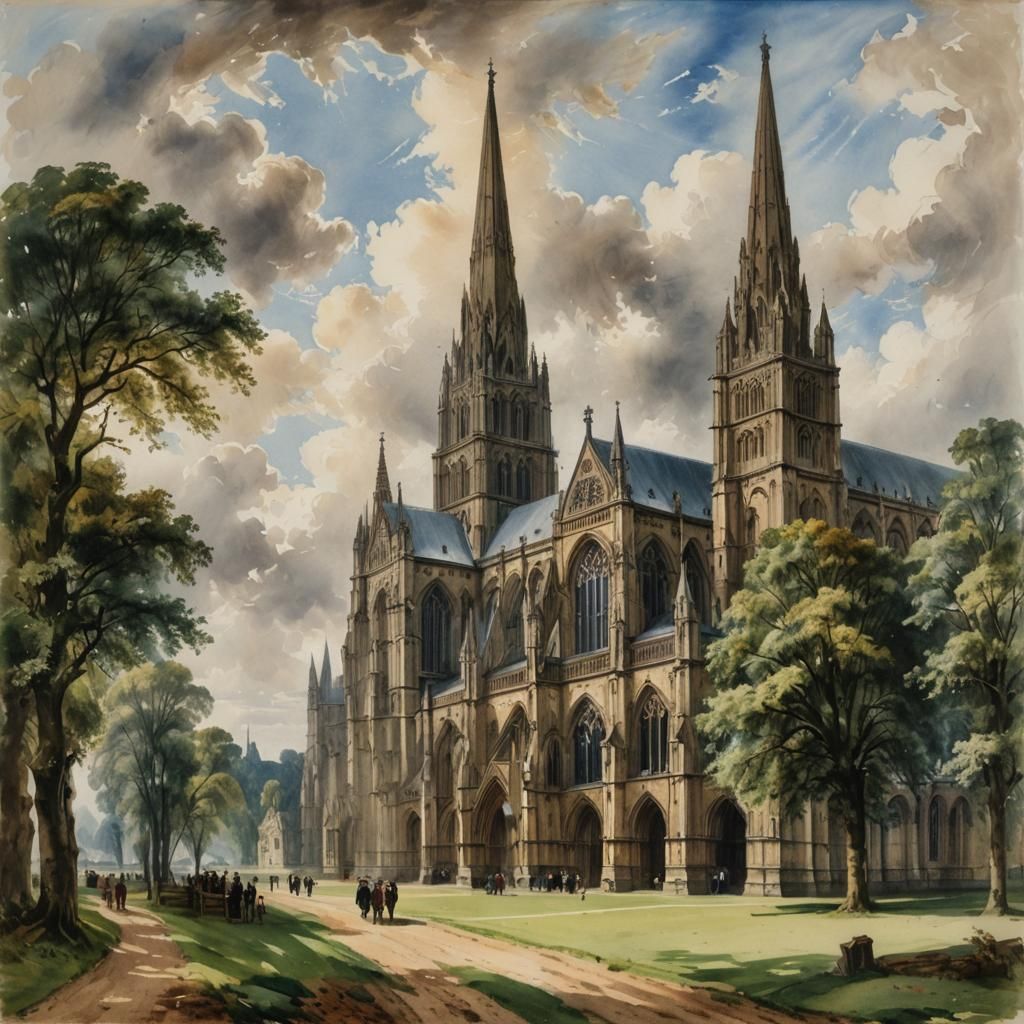 Salisbury Cathedral in Watercolor Style